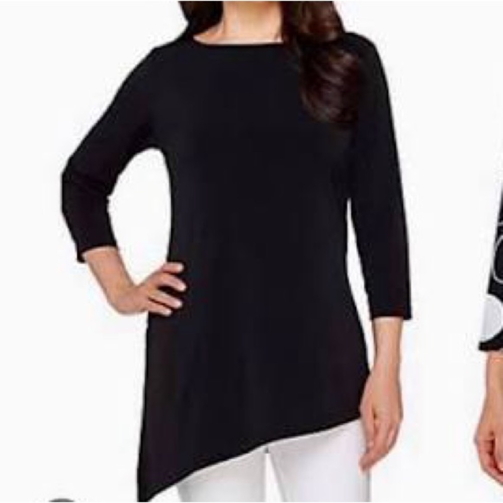 Susan Graver Solid Black Liquid Knit Tunic Tops‎ Asymmetrical Stretch 1X Casual